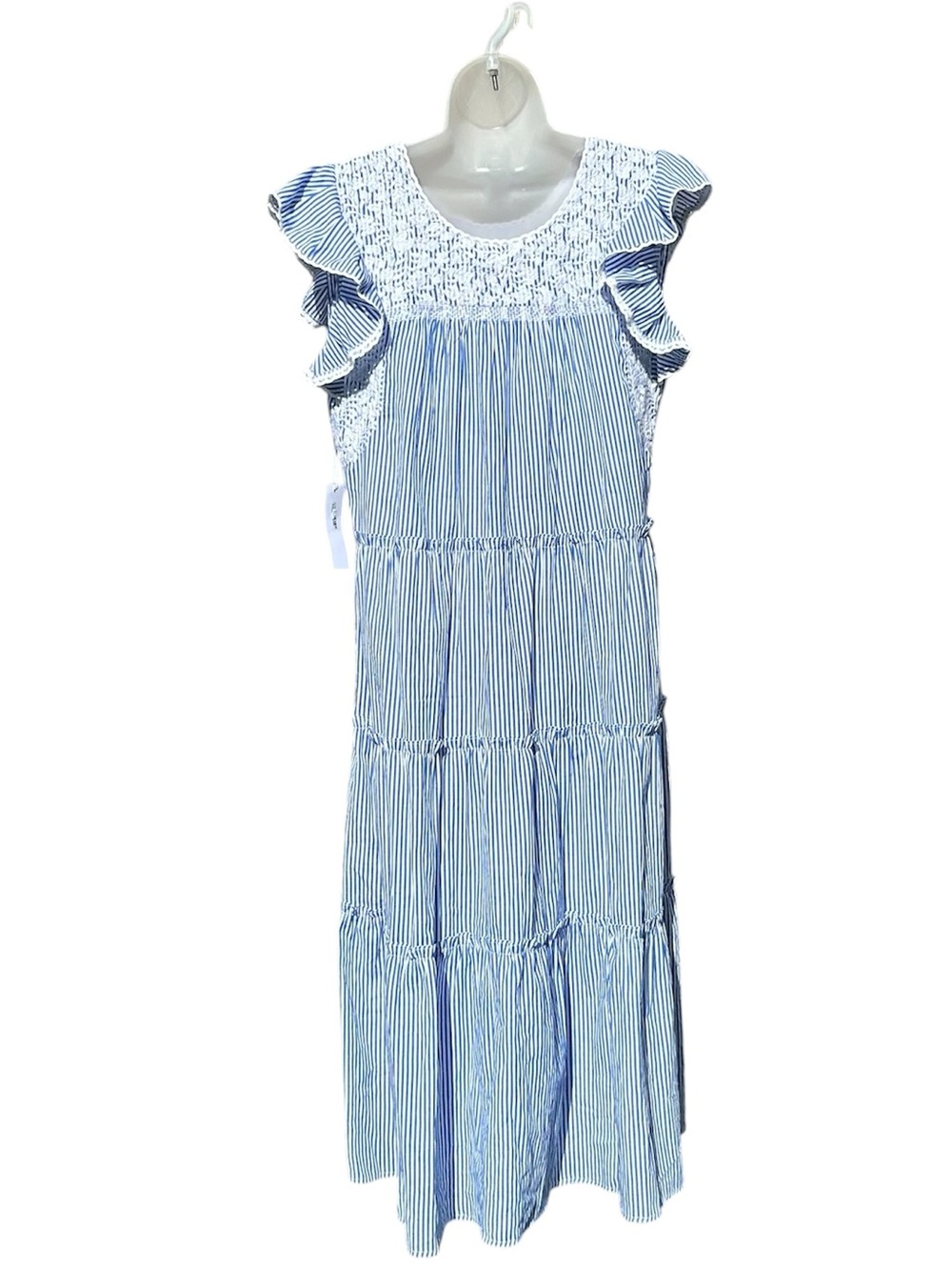 J MARIE Women L Julianna Blue White Stripe Embroidered Ruffles Tiered Midi Dress - Picture 5 of 9